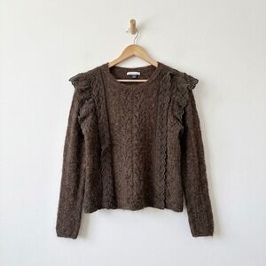American Eagle Brown Pointelle Knit Ruffle Lace Trim Sweater Womens Medium 1632